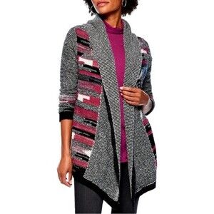 NWT Nic + Zoe Sweater Orchard Hooded Cardigan Black Maroon Multi Size Medium NEW
